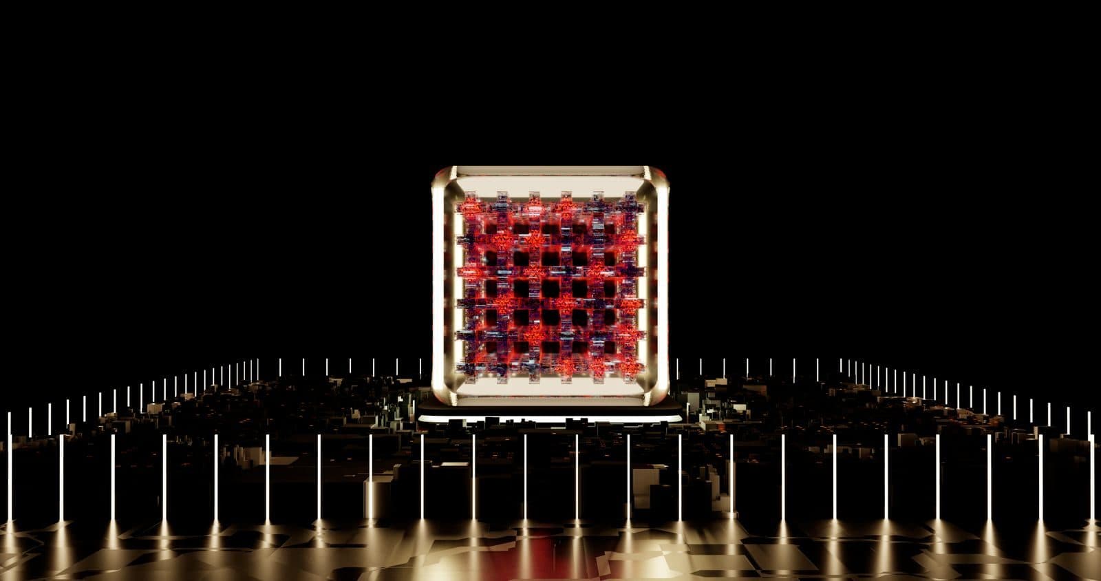 Glowing red processor cube mounted on a dark circuit board